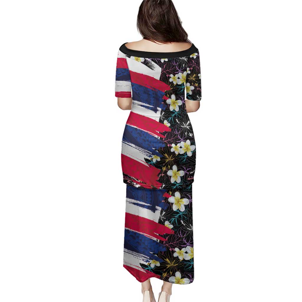 Hawaiian Flag Day Family Matching Puletasi and Hawaiian Shirt Tropical Flowers and Leaves