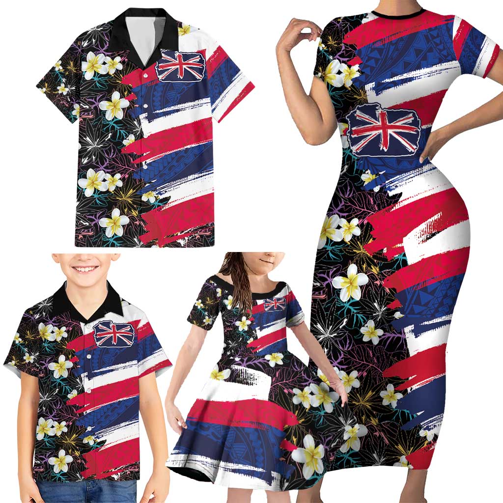Hawaiian Flag Day Family Matching Short Sleeve Bodycon Dress and Hawaiian Shirt Tropical Flowers and Leaves