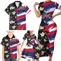 Hawaiian Flag Day Family Matching Short Sleeve Bodycon Dress and Hawaiian Shirt Tropical Flowers and Leaves