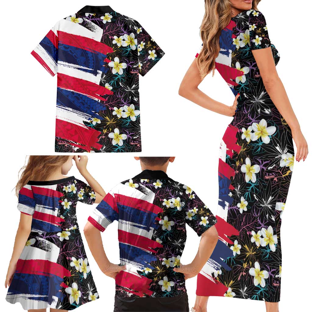 Hawaiian Flag Day Family Matching Short Sleeve Bodycon Dress and Hawaiian Shirt Tropical Flowers and Leaves