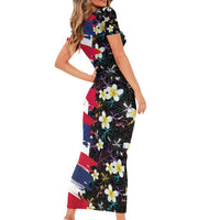 Hawaiian Flag Day Family Matching Short Sleeve Bodycon Dress and Hawaiian Shirt Tropical Flowers and Leaves