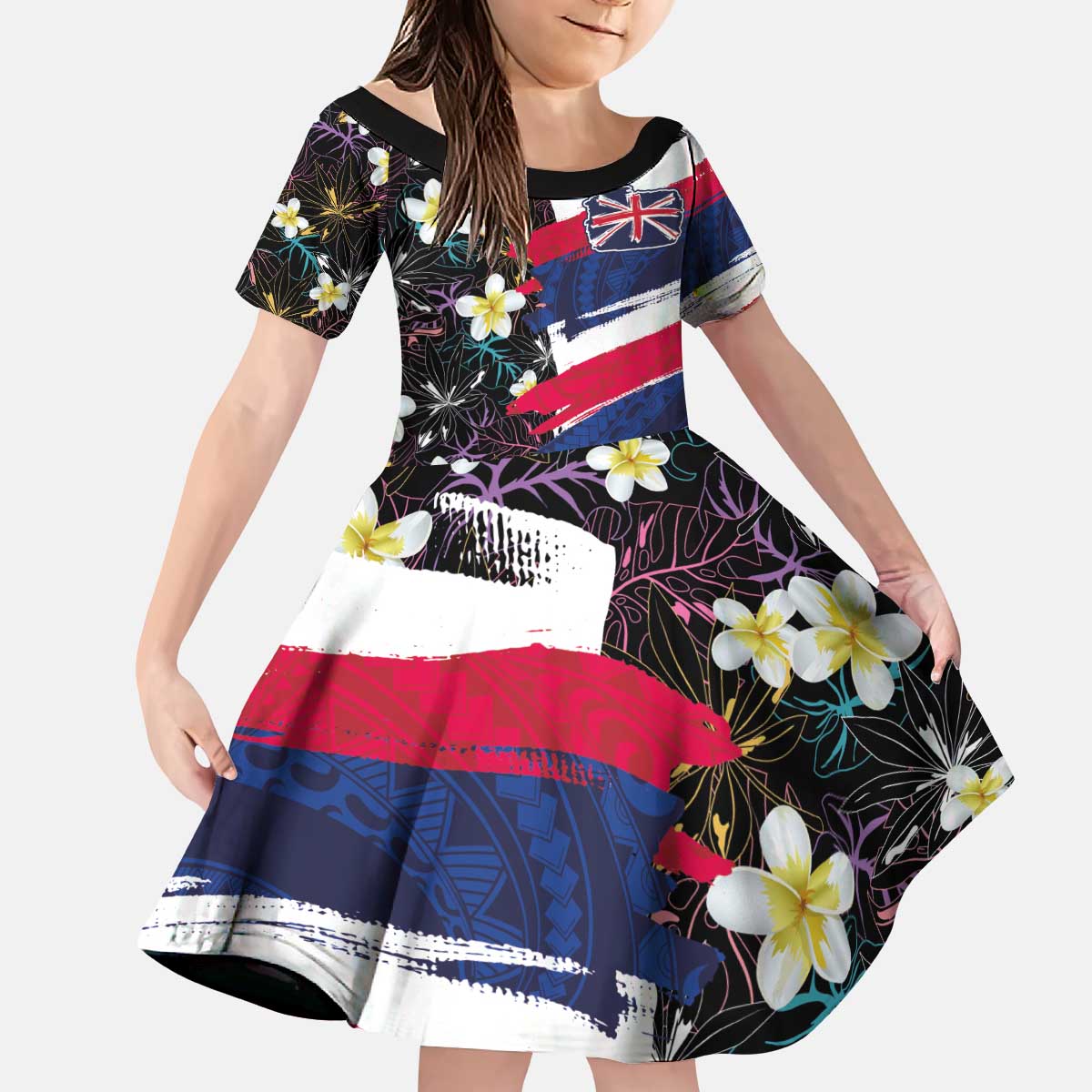 Hawaiian Flag Day Kid Short Sleeve Dress Tropical Flowers and Leaves