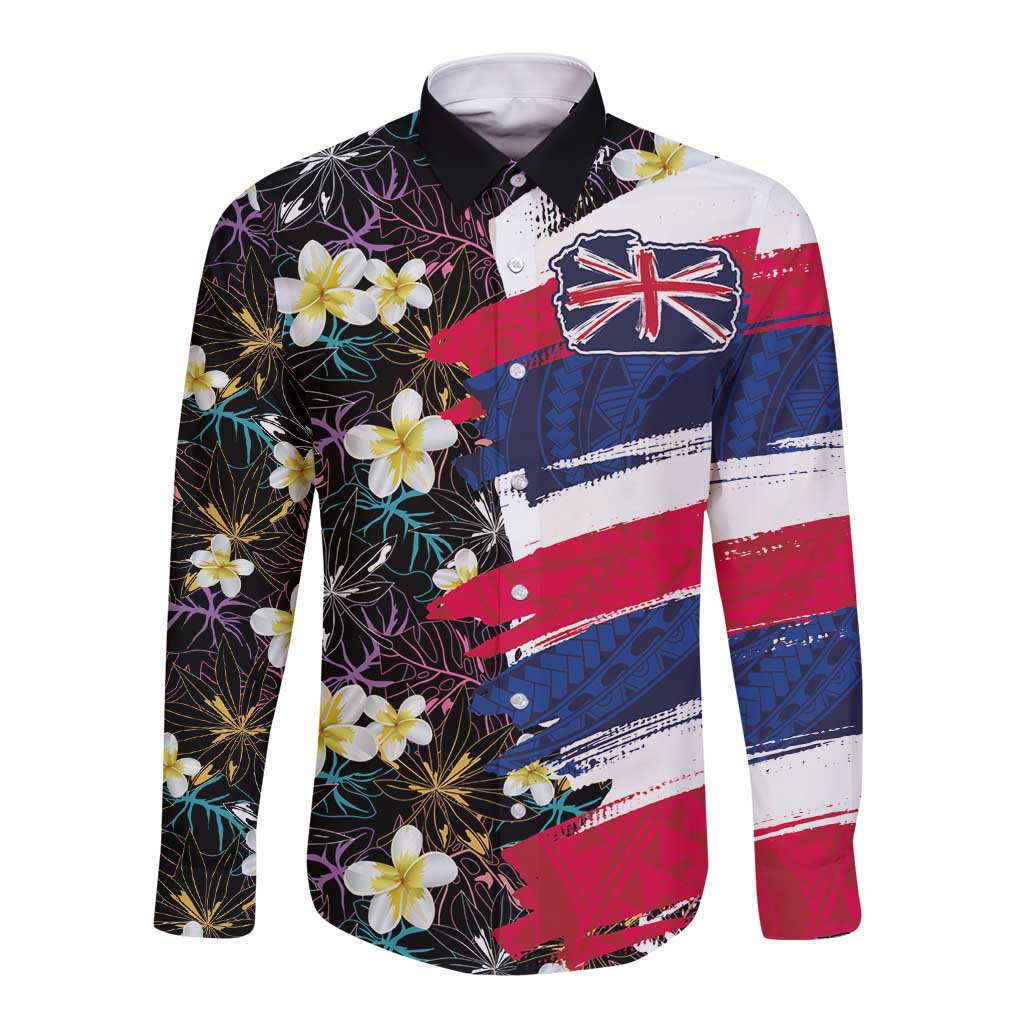 Hawaiian Flag Day Long Sleeve Button Shirt Tropical Flowers and Leaves