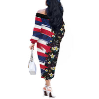 Hawaiian Flag Day Off The Shoulder Long Sleeve Dress Tropical Flowers and Leaves