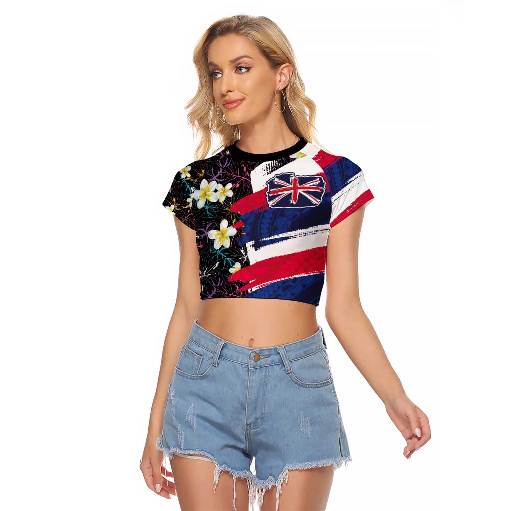 Hawaiian Flag Day Raglan Cropped T Shirt Tropical Flowers and Leaves
