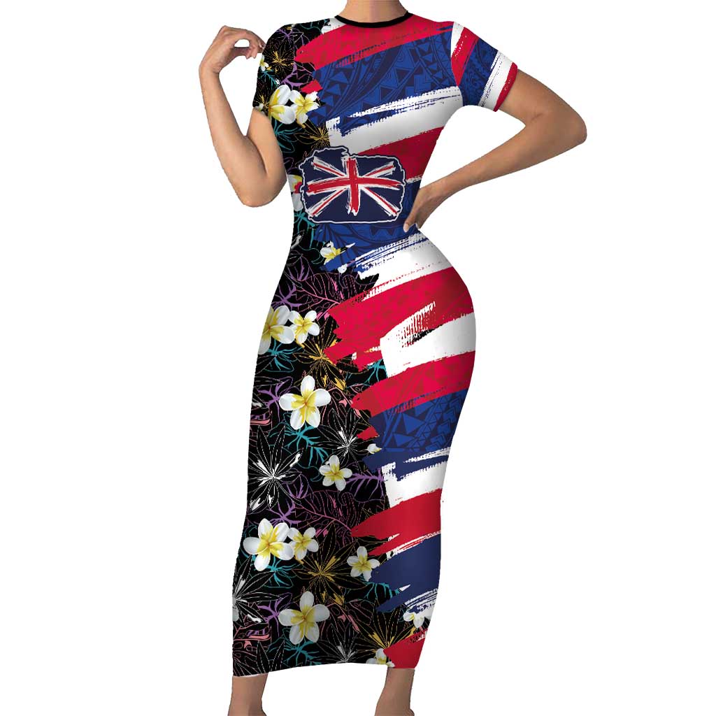 Hawaiian Flag Day Short Sleeve Bodycon Dress Tropical Flowers and Leaves
