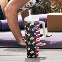 Hawaiian Flag Day Tumbler With Handle Tropical Flowers and Leaves