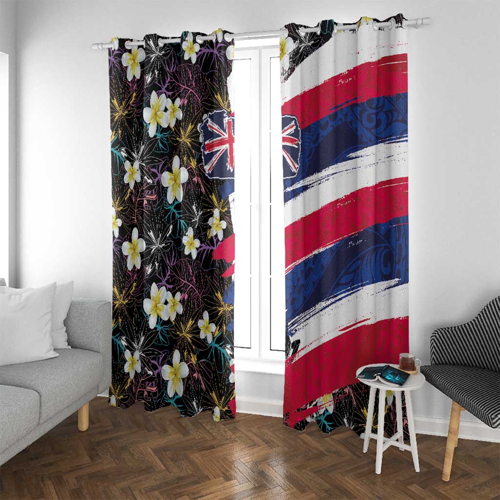 Hawaiian Flag Day Window Curtain Tropical Flowers and Leaves LT03 With Grommets Black - Polynesian Pride
