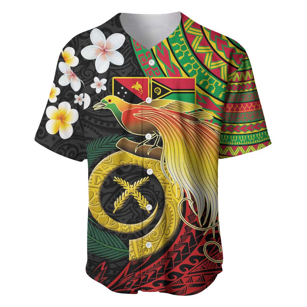 Vanuatu and Papua New Guinea Together Baseball Jersey Bird-of-paradise and Pig Tusk Melanesian Pattern