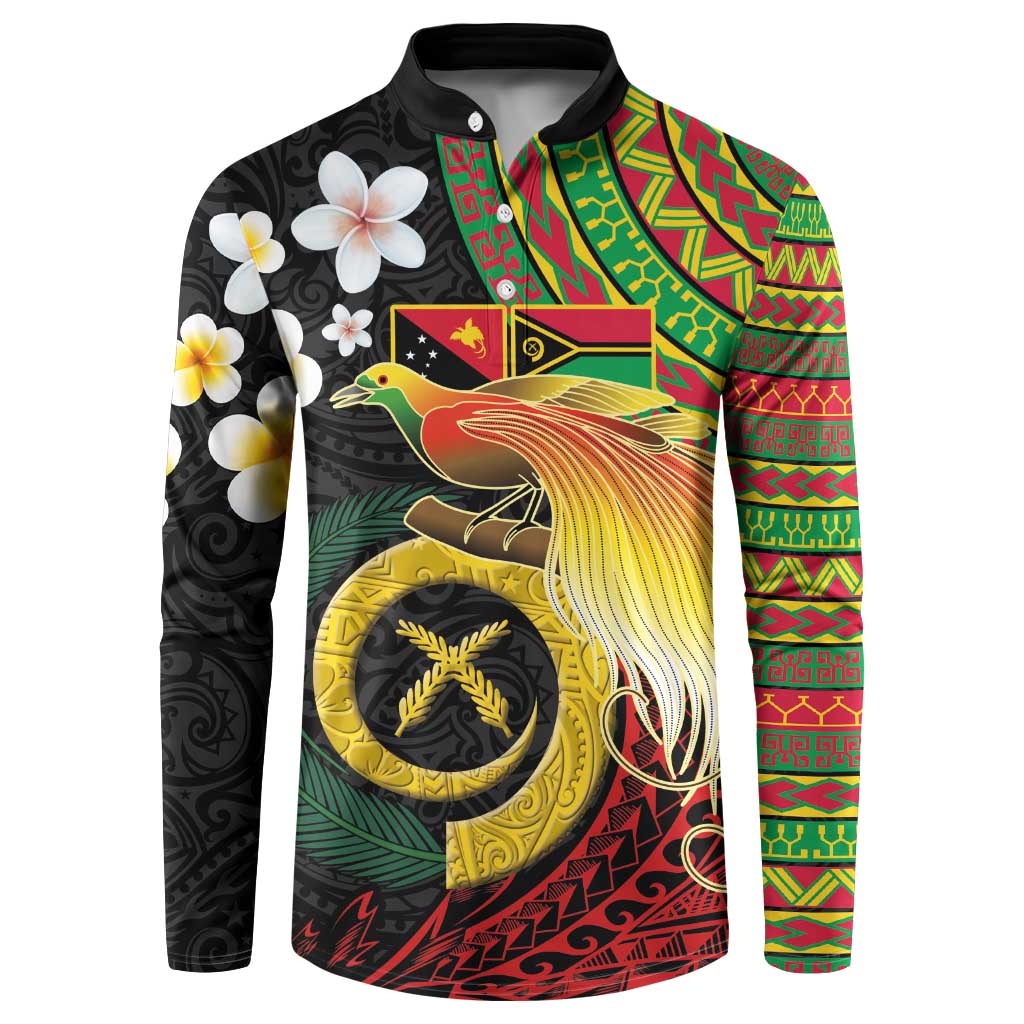 Vanuatu and Papua New Guinea Together Button Sweatshirt Bird-of-paradise and Pig Tusk Melanesian Pattern LT03 Black - Polynesian Pride