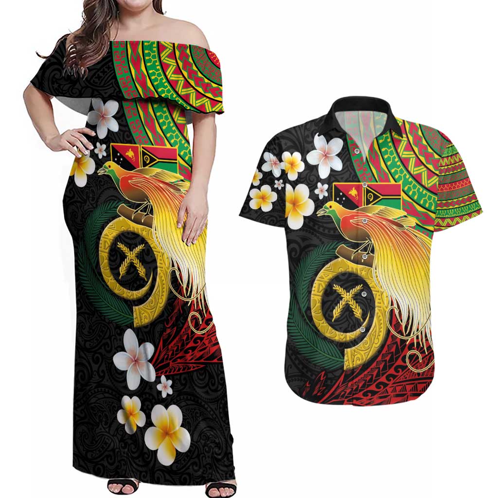 Vanuatu and Papua New Guinea Together Couples Matching Off Shoulder Maxi Dress and Hawaiian Shirt Bird-of-paradise and Pig Tusk Melanesian Pattern