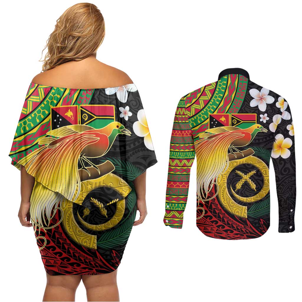 Vanuatu and Papua New Guinea Together Couples Matching Off Shoulder Short Dress and Long Sleeve Button Shirt Bird-of-paradise and Pig Tusk Melanesian Pattern