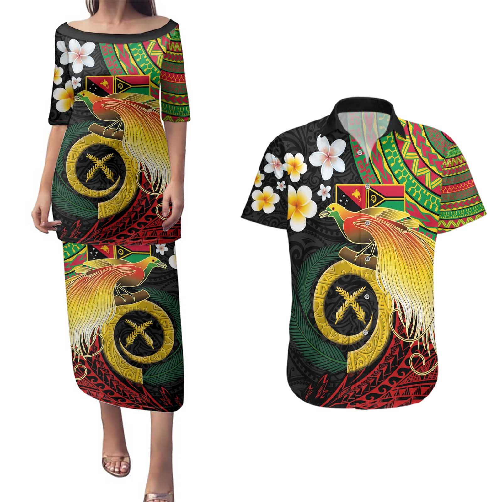 Vanuatu and Papua New Guinea Together Couples Matching Puletasi and Hawaiian Shirt Bird-of-paradise and Pig Tusk Melanesian Pattern