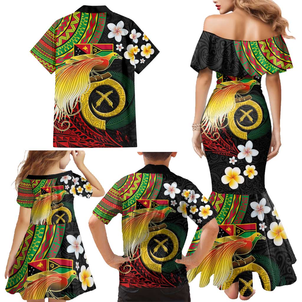Vanuatu and Papua New Guinea Together Family Matching Mermaid Dress and Hawaiian Shirt Bird-of-paradise and Pig Tusk Melanesian Pattern