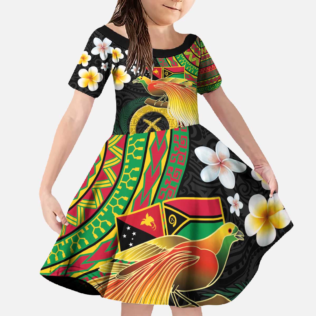 Vanuatu and Papua New Guinea Together Family Matching Off The Shoulder Long Sleeve Dress and Hawaiian Shirt Bird-of-paradise and Pig Tusk Melanesian Pattern