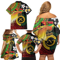 Vanuatu and Papua New Guinea Together Family Matching Off Shoulder Short Dress and Hawaiian Shirt Bird-of-paradise and Pig Tusk Melanesian Pattern