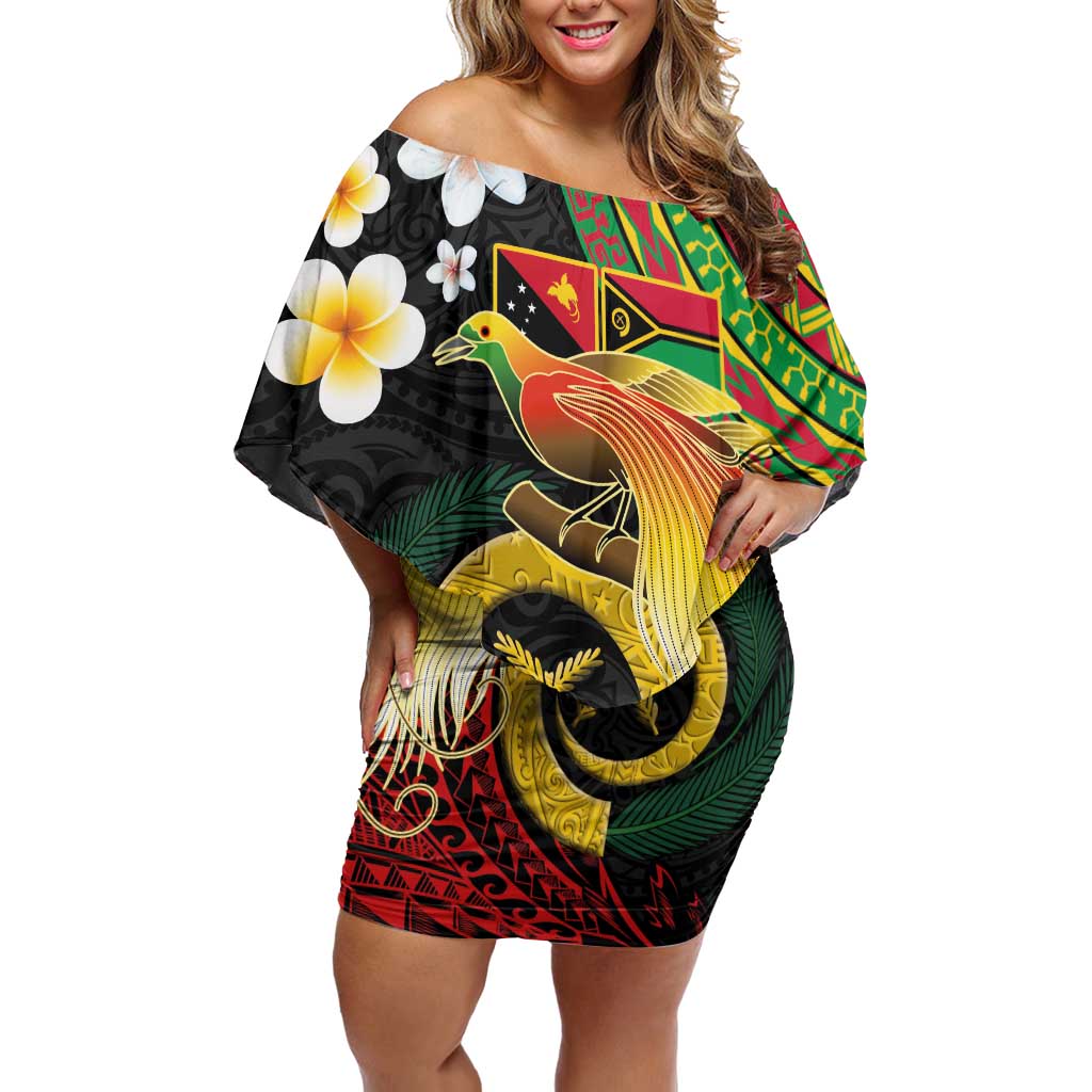 Vanuatu and Papua New Guinea Together Family Matching Off Shoulder Short Dress and Hawaiian Shirt Bird-of-paradise and Pig Tusk Melanesian Pattern