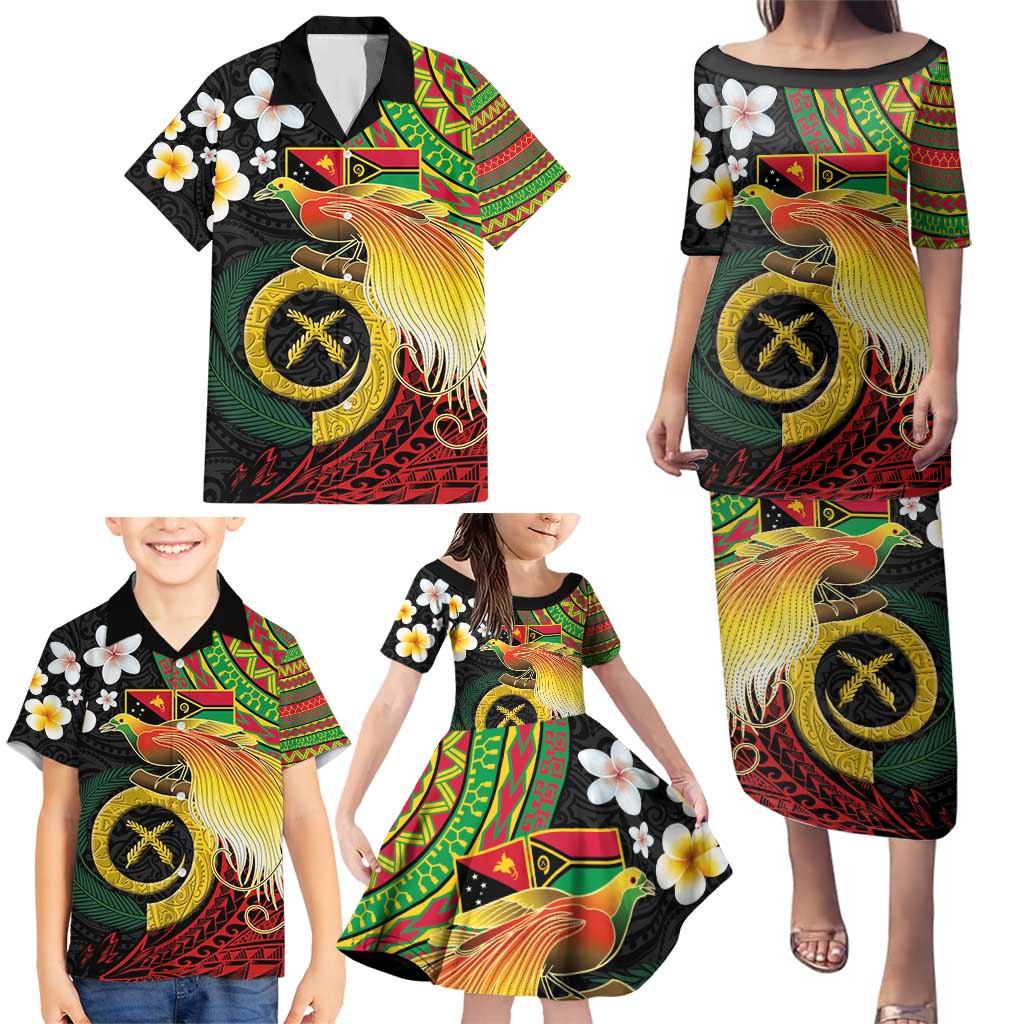 Vanuatu and Papua New Guinea Together Family Matching Puletasi and Hawaiian Shirt Bird-of-paradise and Pig Tusk Melanesian Pattern LT03 - Polynesian Pride