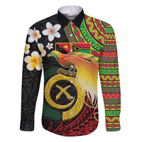 Vanuatu and Papua New Guinea Together Family Matching Puletasi and Hawaiian Shirt Bird-of-paradise and Pig Tusk Melanesian Pattern LT03 Dad's Shirt - Long Sleeve Black - Polynesian Pride