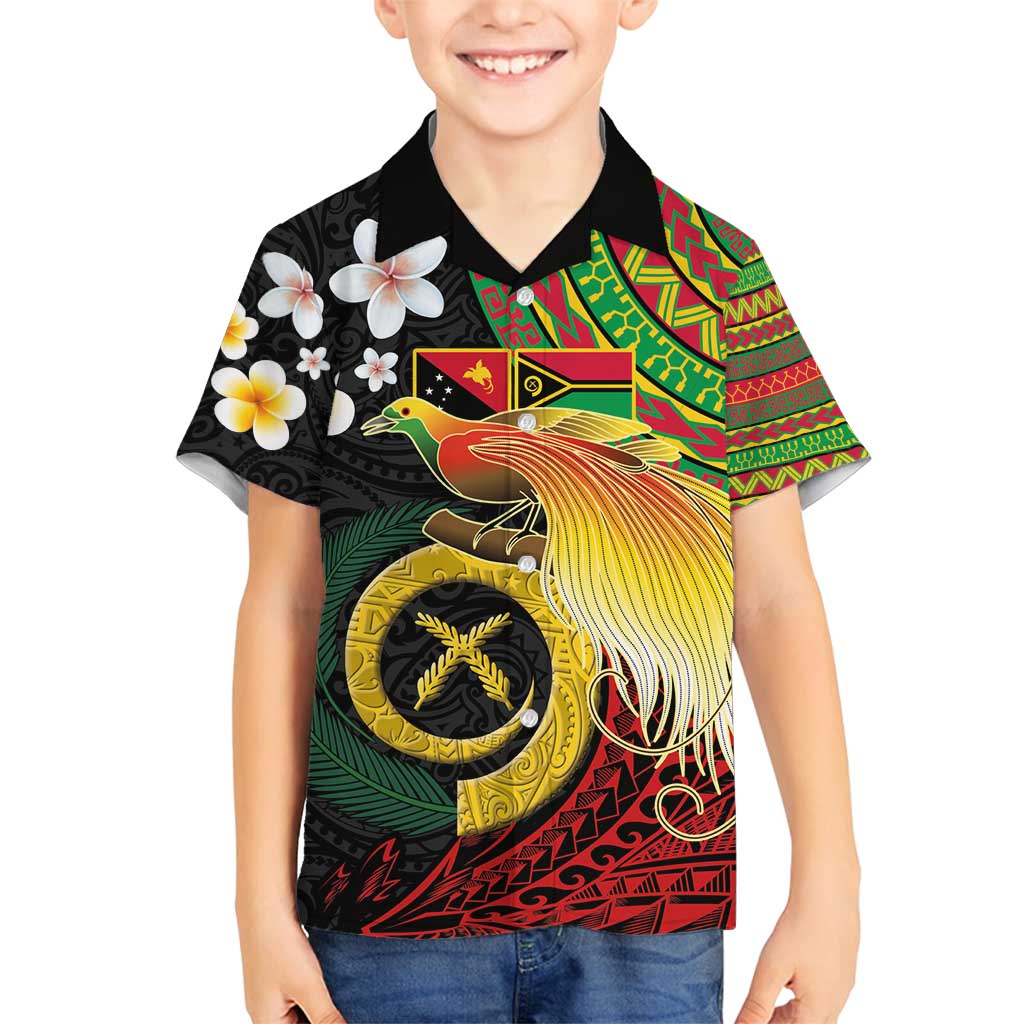 Vanuatu and Papua New Guinea Together Family Matching Puletasi and Hawaiian Shirt Bird-of-paradise and Pig Tusk Melanesian Pattern LT03 Son's Shirt Black - Polynesian Pride