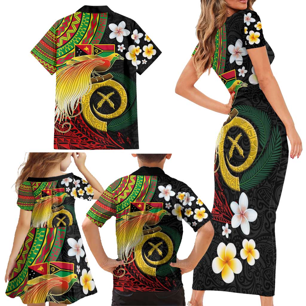 Vanuatu and Papua New Guinea Together Family Matching Short Sleeve Bodycon Dress and Hawaiian Shirt Bird-of-paradise and Pig Tusk Melanesian Pattern