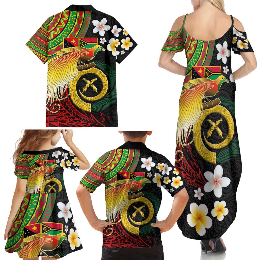 Vanuatu and Papua New Guinea Together Family Matching Summer Maxi Dress and Hawaiian Shirt Bird-of-paradise and Pig Tusk Melanesian Pattern