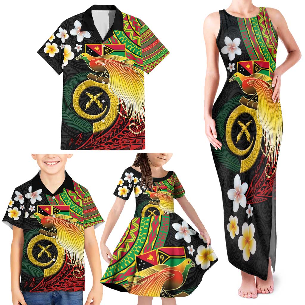 Vanuatu and Papua New Guinea Together Family Matching Tank Maxi Dress and Hawaiian Shirt Bird-of-paradise and Pig Tusk Melanesian Pattern