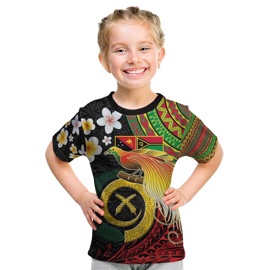 Vanuatu and Papua New Guinea Together Kid T Shirt Bird-of-paradise and Pig Tusk Melanesian Pattern