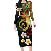 Vanuatu and Papua New Guinea Together Long Sleeve Bodycon Dress Bird-of-paradise and Pig Tusk Melanesian Pattern