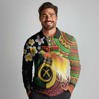 Vanuatu and Papua New Guinea Together Long Sleeve Polo Shirt Bird-of-paradise and Pig Tusk Melanesian Pattern