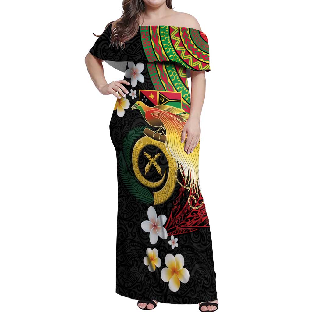 Vanuatu and Papua New Guinea Together Off Shoulder Maxi Dress Bird-of-paradise and Pig Tusk Melanesian Pattern