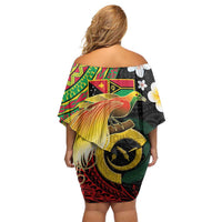 Vanuatu and Papua New Guinea Together Off Shoulder Short Dress Bird-of-paradise and Pig Tusk Melanesian Pattern