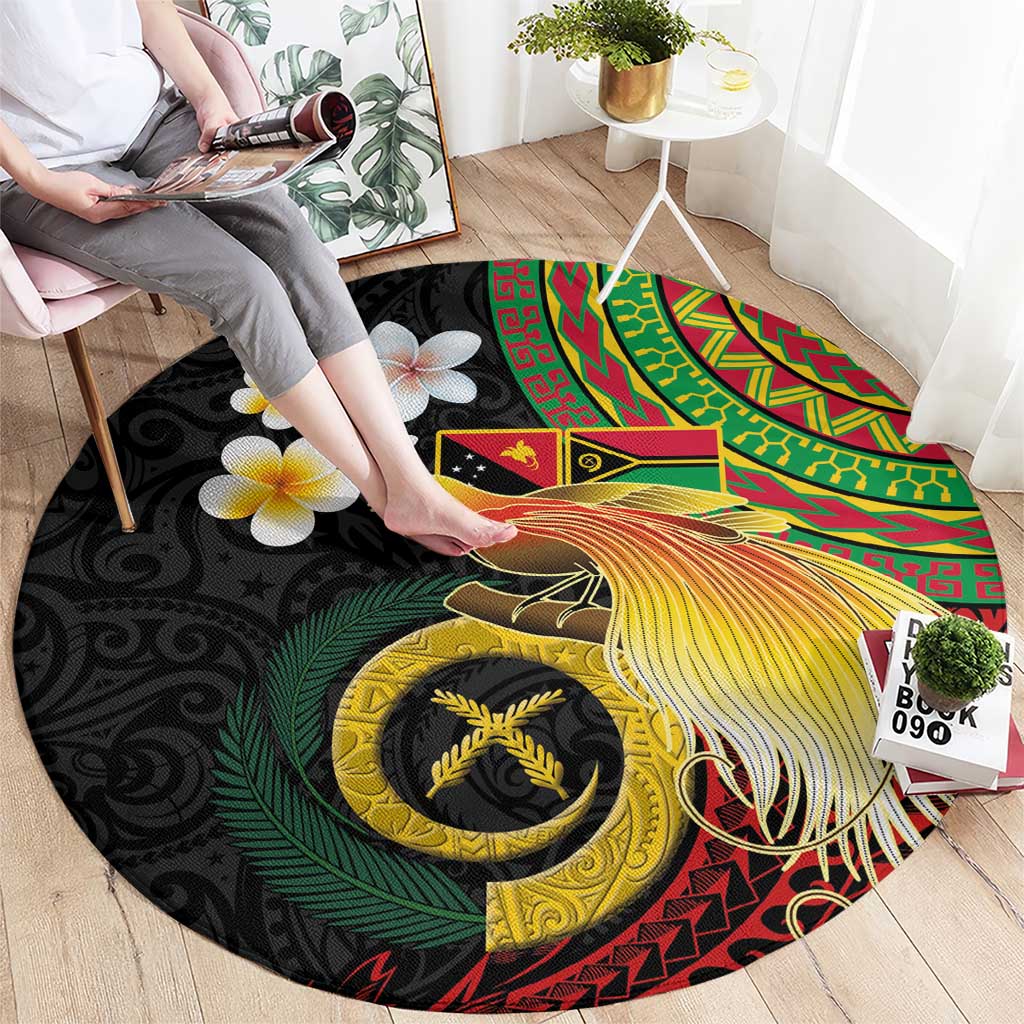 Vanuatu and Papua New Guinea Together Round Carpet Bird-of-paradise and Pig Tusk Melanesian Pattern