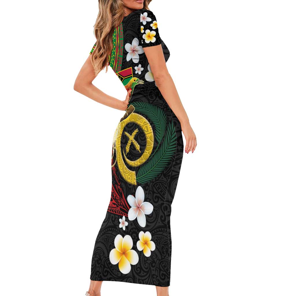 Vanuatu and Papua New Guinea Together Short Sleeve Bodycon Dress Bird-of-paradise and Pig Tusk Melanesian Pattern