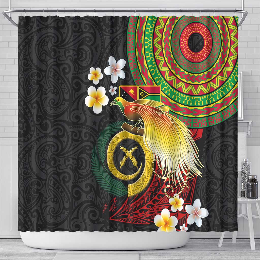 Vanuatu and Papua New Guinea Together Shower Curtain Bird-of-paradise and Pig Tusk Melanesian Pattern