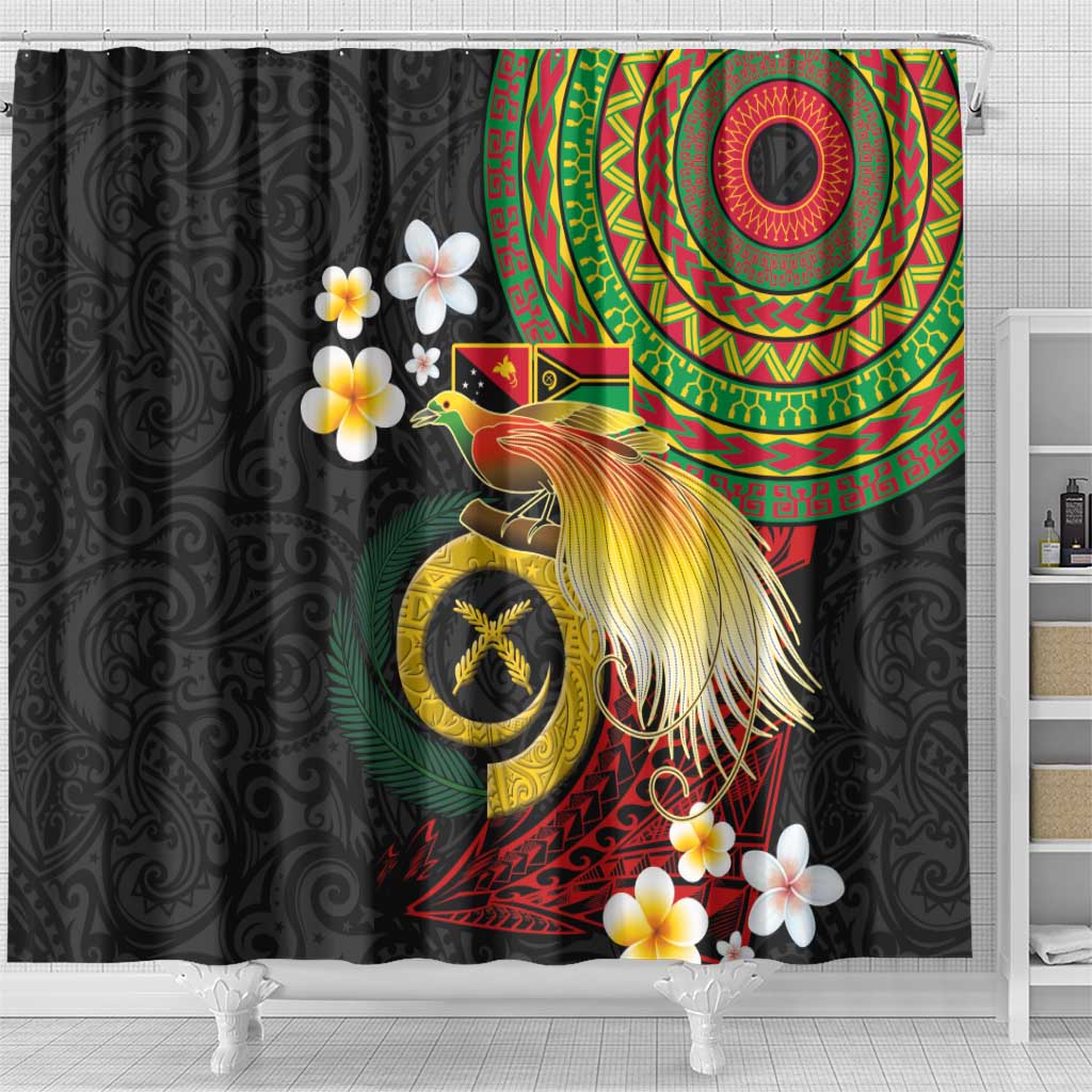 Vanuatu and Papua New Guinea Together Shower Curtain Bird-of-paradise and Pig Tusk Melanesian Pattern