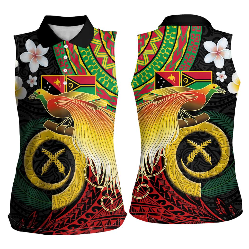 Vanuatu and Papua New Guinea Together Women Sleeveless Polo Shirt Bird-of-paradise and Pig Tusk Melanesian Pattern