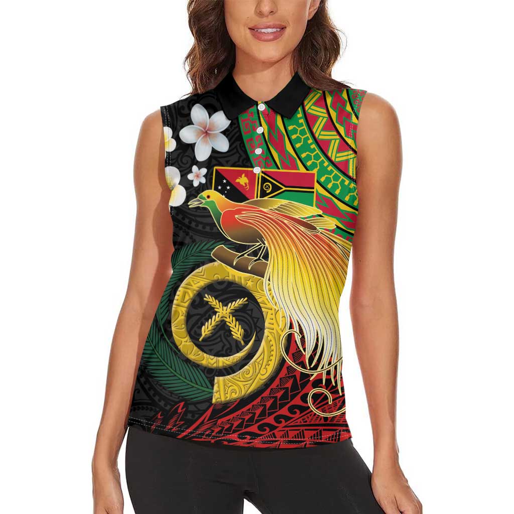 Vanuatu and Papua New Guinea Together Women Sleeveless Polo Shirt Bird-of-paradise and Pig Tusk Melanesian Pattern