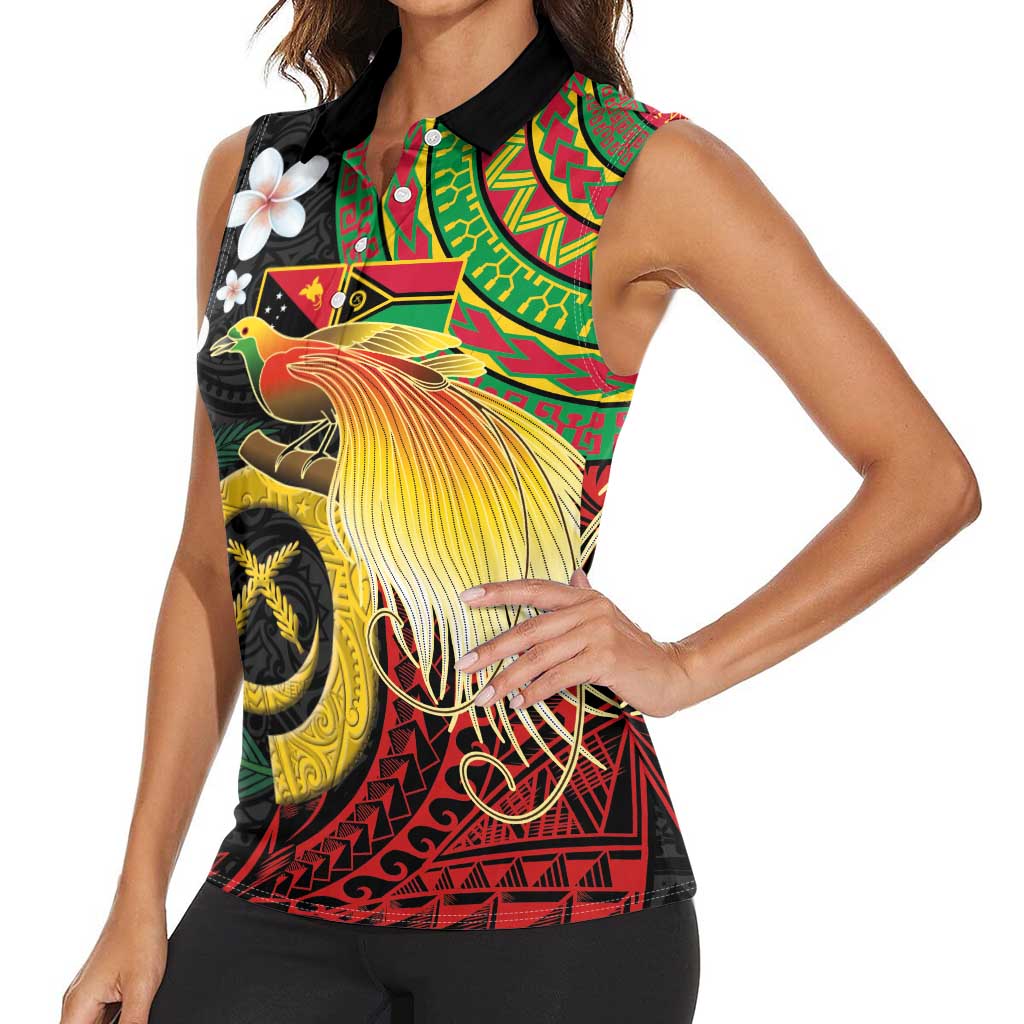 Vanuatu and Papua New Guinea Together Women Sleeveless Polo Shirt Bird-of-paradise and Pig Tusk Melanesian Pattern