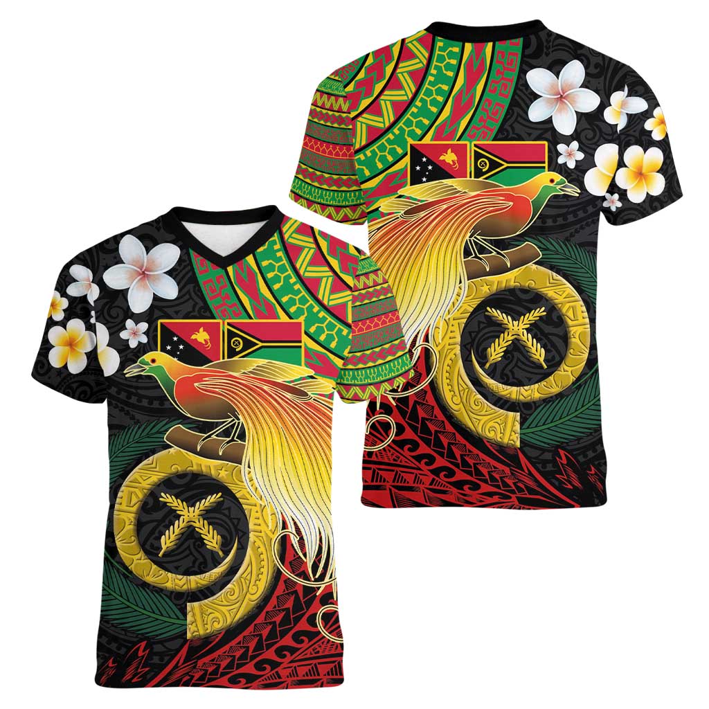 Vanuatu and Papua New Guinea Together Women V-Neck T-Shirt Bird-of-paradise and Pig Tusk Melanesian Pattern