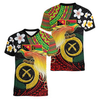 Vanuatu and Papua New Guinea Together Women V-Neck T-Shirt Bird-of-paradise and Pig Tusk Melanesian Pattern