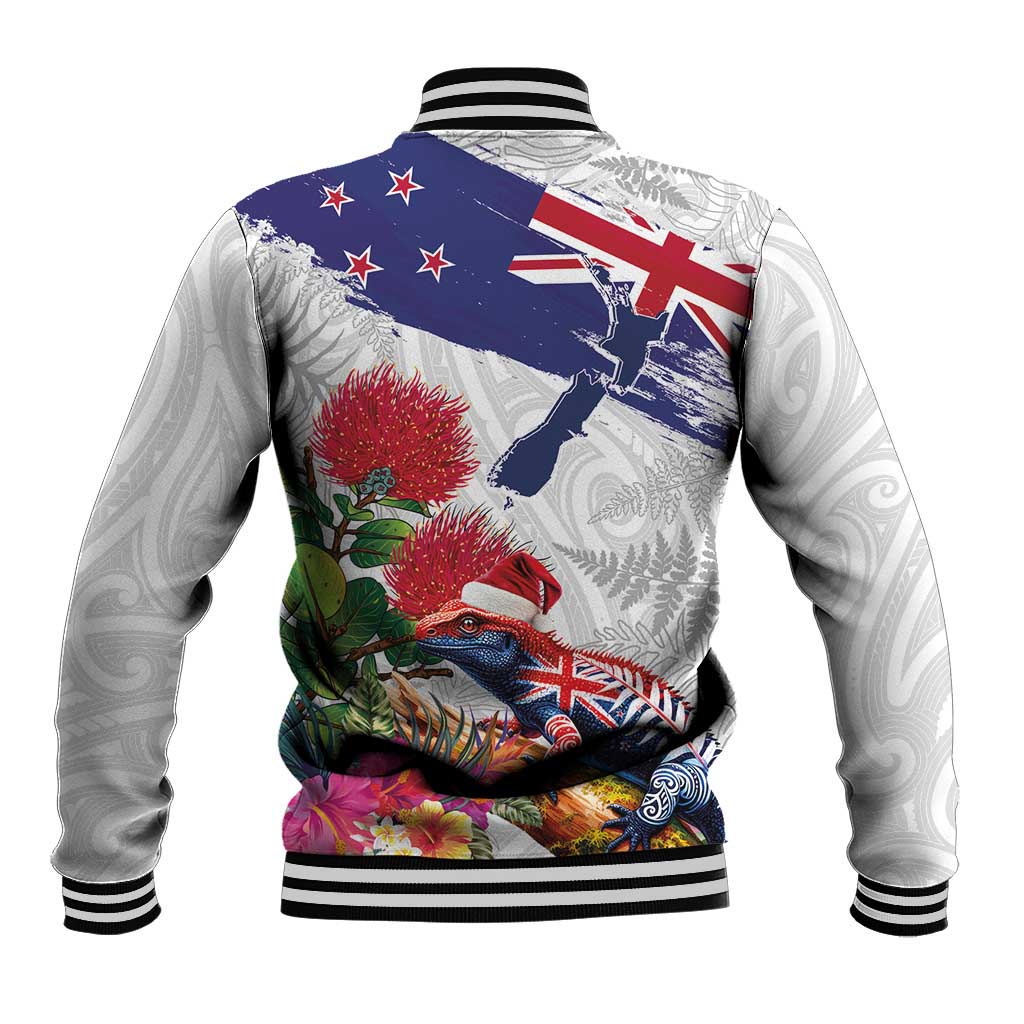 New Zealand Christmas Baseball Jacket Meri Kirihimete-Tuatara and Pohutukawa White Color