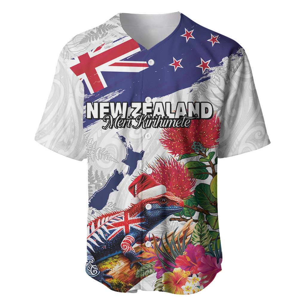 New Zealand Christmas Baseball Jersey Meri Kirihimete-Tuatara and Pohutukawa White Color