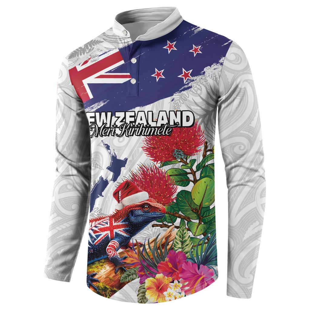 New Zealand Christmas Button Sweatshirt Meri Kirihimete-Tuatara and Pohutukawa White Color