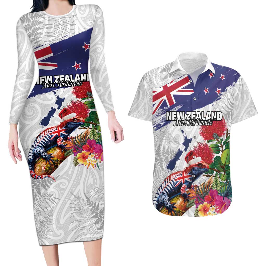New Zealand Christmas Couples Matching Long Sleeve Bodycon Dress and Hawaiian Shirt Meri Kirihimete-Tuatara and Pohutukawa White Color