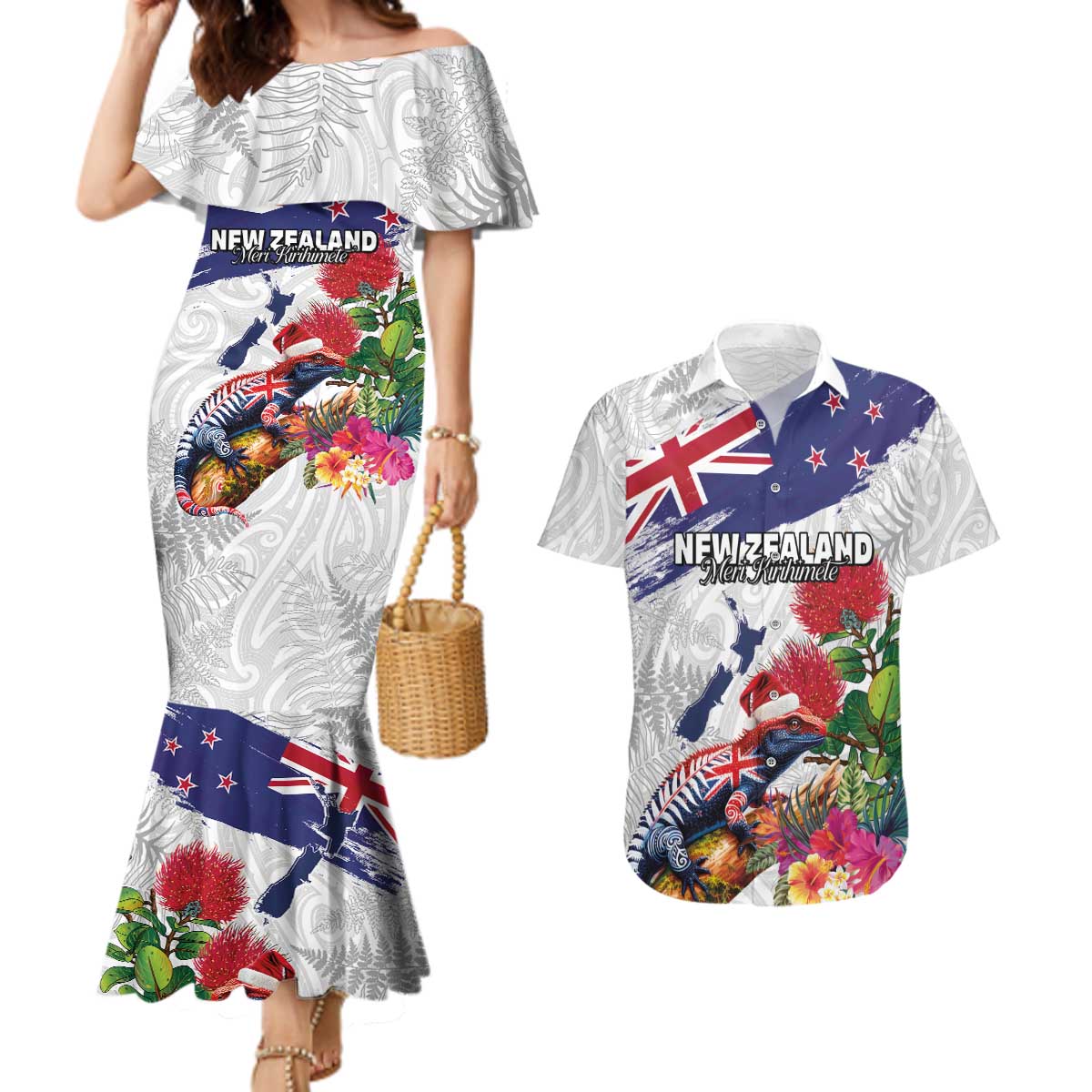 New Zealand Christmas Couples Matching Mermaid Dress and Hawaiian Shirt Meri Kirihimete-Tuatara and Pohutukawa White Color