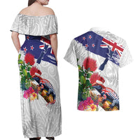 New Zealand Christmas Couples Matching Off Shoulder Maxi Dress and Hawaiian Shirt Meri Kirihimete-Tuatara and Pohutukawa White Color LT03 - Polynesian Pride