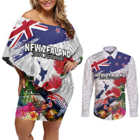 New Zealand Christmas Couples Matching Off Shoulder Short Dress and Long Sleeve Button Shirt Meri Kirihimete-Tuatara and Pohutukawa White Color
