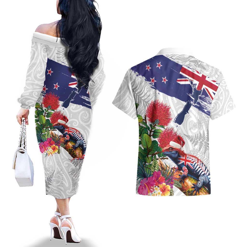 New Zealand Christmas Couples Matching Off The Shoulder Long Sleeve Dress and Hawaiian Shirt Meri Kirihimete-Tuatara and Pohutukawa White Color