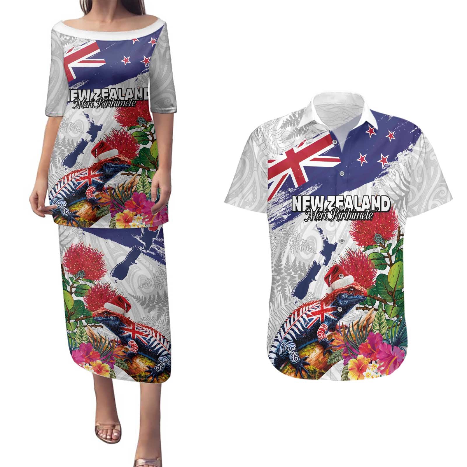 New Zealand Christmas Couples Matching Puletasi and Hawaiian Shirt Meri Kirihimete-Tuatara and Pohutukawa White Color